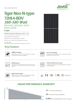 Солнечная панель Jinko Solar JKM-580N-72HL4-BDV: эффективность в 580Вт и двусторонняя технология